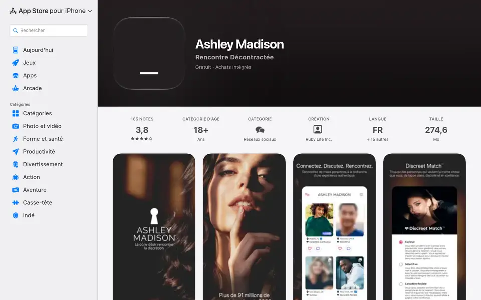 Avis Ashley Madison : la fiche de l'App Store France avec 3,8 sur 5 pour 165 notes, la mention 18+ et les visuels de l'appli
