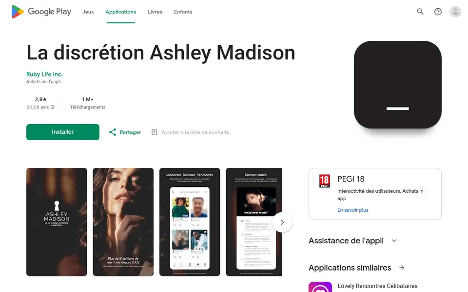 Avis Ashley Madison : la fiche Google Play en français avec 2,8 sur 5, plus d'un million de téléchargements et l'écran Discreet Match