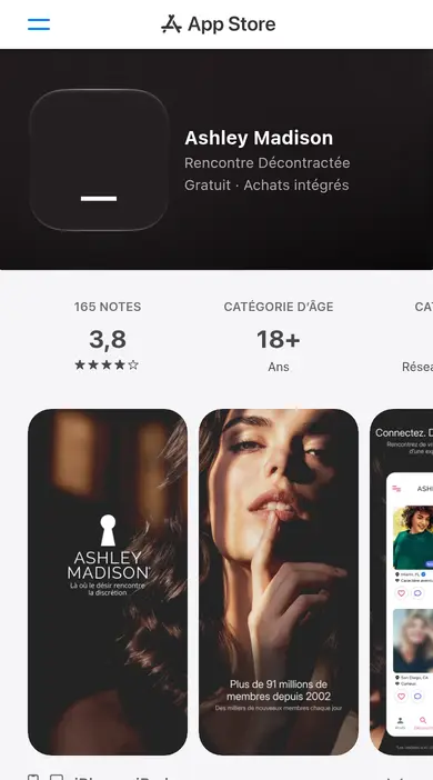 Avis Ashley Madison sur smartphone : l'appli « Rencontre Décontractée », gratuite avec achats intégrés, vue dans l'App Store France
