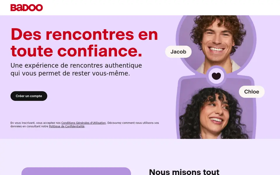 Avis Badoo : page d'accueil française avec le titre « Des rencontres en toute confiance » et le bouton « Créer un compte »