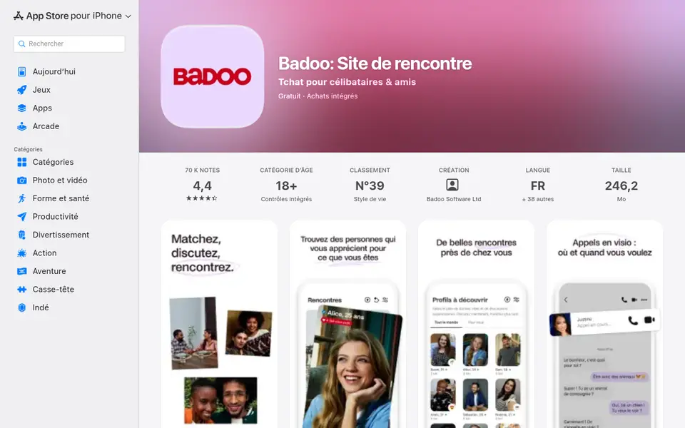 Avis Badoo : fiche de l'appli dans l'App Store France, notée 4,4 sur 5 et réservée aux 18 ans et plus
