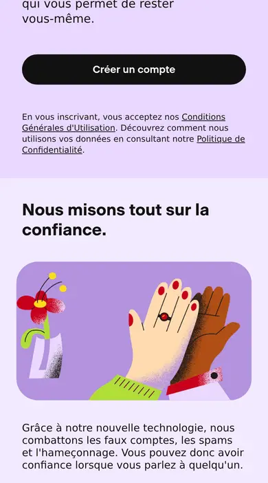 Avis Badoo sur mobile : la partie « Nous misons tout sur la confiance » contre les faux comptes et l'hameçonnage