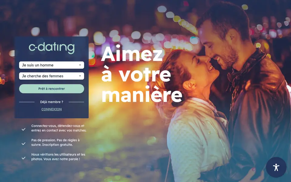 Avis C-Date : page d'accueil de c-dating.fr avec le formulaire d'inscription gratuite et la promesse de vérifier utilisateurs et photos