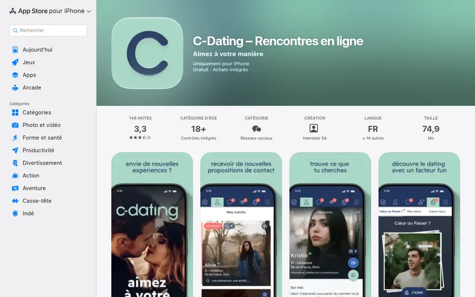 Avis C-Date : fiche de l'appli C-Dating dans l'App Store France, 3,3 sur 5 pour 148 notes, réservée aux 18 ans et plus