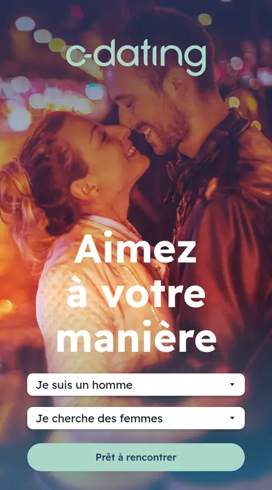 Avis C-Date sur mobile : la page d'accueil de c-dating.fr sur un téléphone, avec le bouton « Prêt à rencontrer »