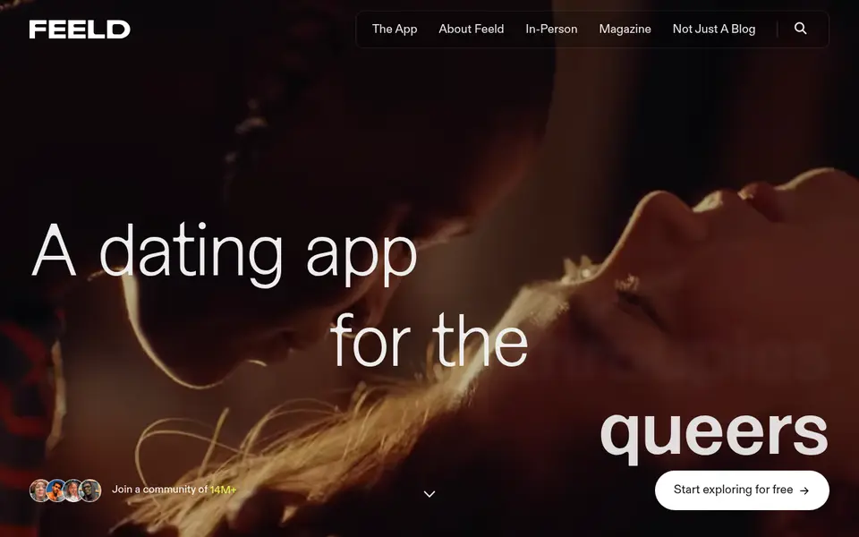 Avis Feeld : page d'accueil de feeld.co en anglais, avec le slogan « A dating app for the queers » et le bouton d'inscription gratuite