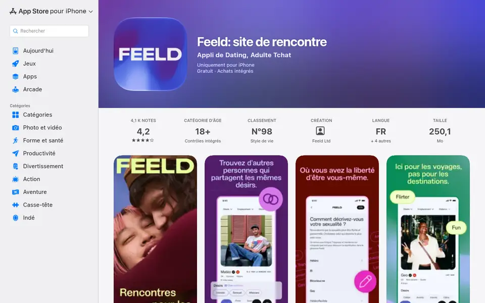 Avis Feeld : fiche de l'appli dans l'App Store France, notée 4,2 sur 5, classée 18+ et proposée en français