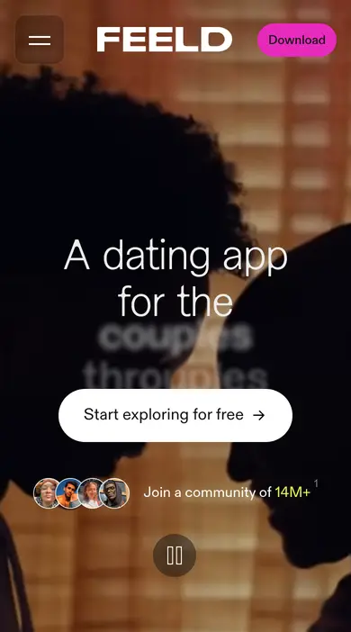 Avis Feeld sur smartphone : version mobile de feeld.co avec le bouton « Start exploring for free »