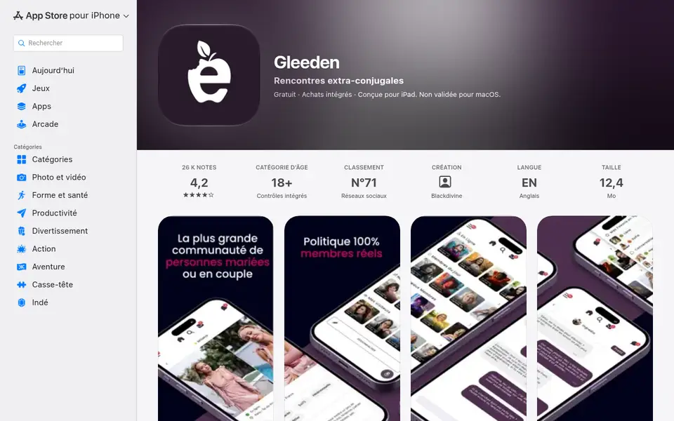Avis Gleeden : fiche de l'appli dans l'App Store France, sous-titrée « Rencontres extra-conjugales », 4,2 sur 5, réservée aux 18 ans et plus
