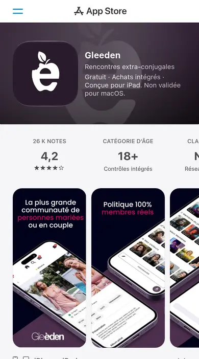 Avis Gleeden sur iPhone : la fiche de l'App Store vue sur mobile, avec les premières captures de l'appli