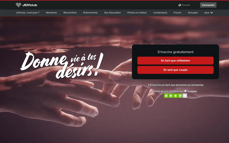 Avis JOYclub : page d'accueil française de joyclub.com avec l'inscription gratuite en tant que célibataire ou en tant que couple