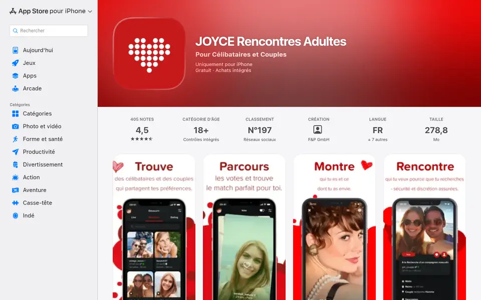 Avis JOYclub : l'appli JOYCE Rencontres Adultes dans l'App Store France, 4,5 sur 5 pour 405 notes