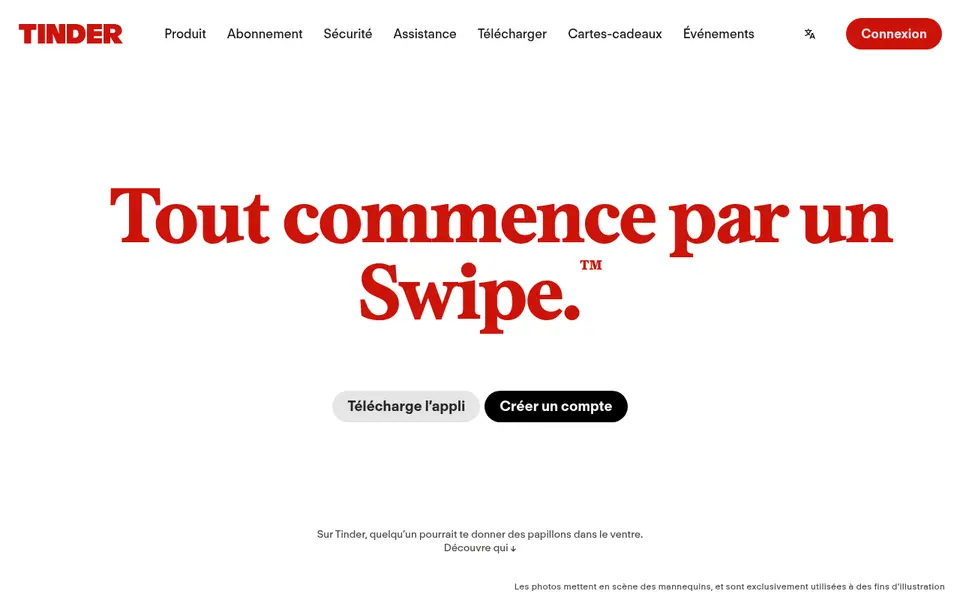 Avis Tinder : page d'accueil française de tinder.com avec le slogan « Tout commence par un Swipe » et le bouton Créer un compte
