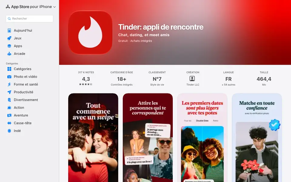 Avis Tinder : fiche de l'appli dans l'App Store France, 4,3 sur 5, avec la vérification photo mise en avant dans les captures