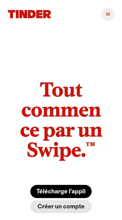 Avis Tinder sur mobile : tinder.com sur un téléphone, avec les boutons Télécharge l'appli et Créer un compte